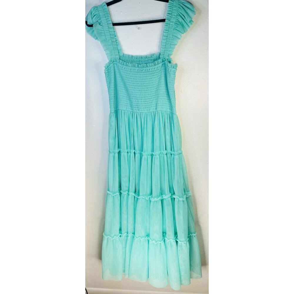 Bibi Smocked Tulle Tiered Jade Green Maxi Dress XL Cocktail Formal - Picture 4 of 8